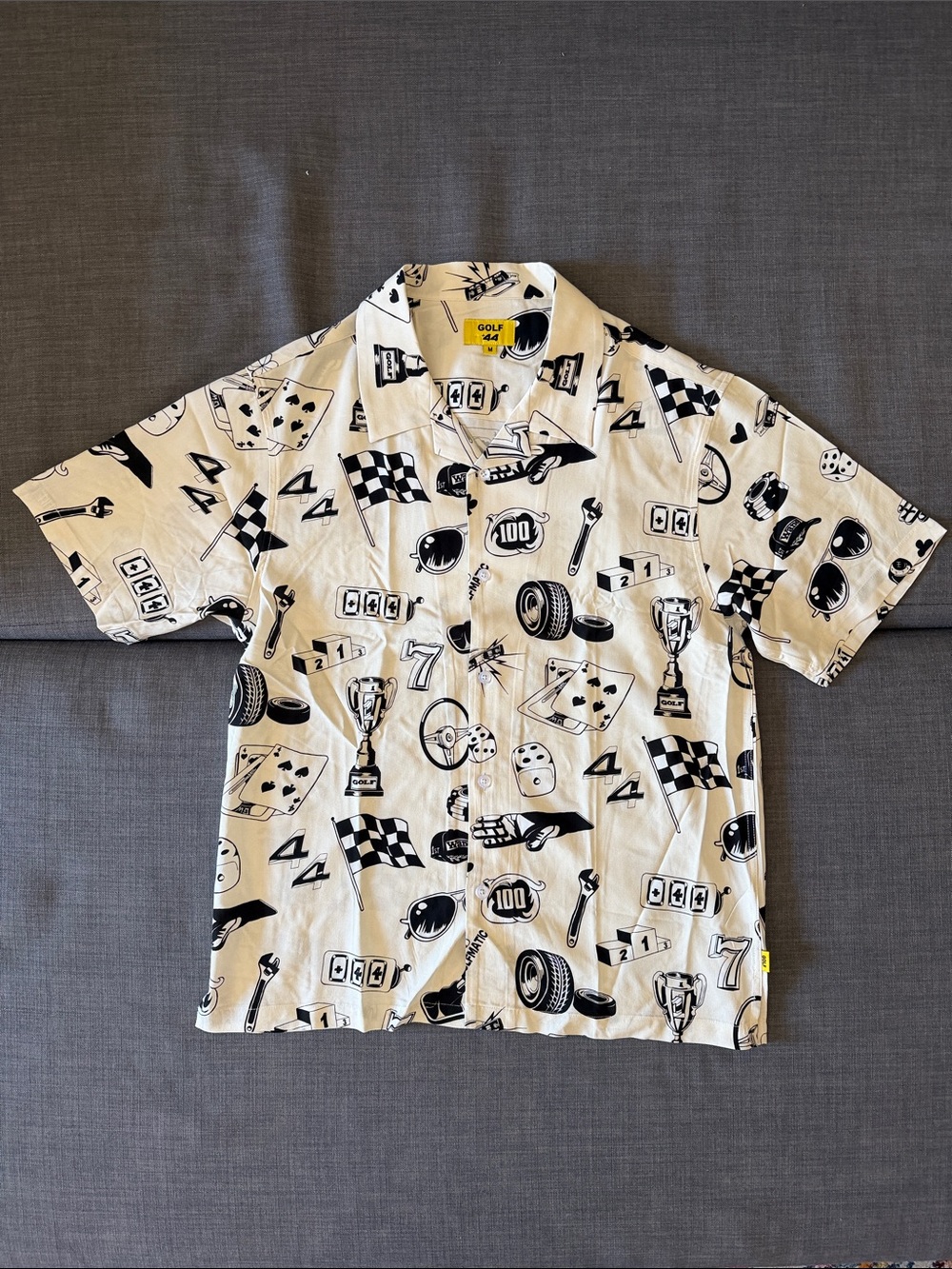 GolfxPlus44 Cream and Black Racing Graphic Camp Shirt